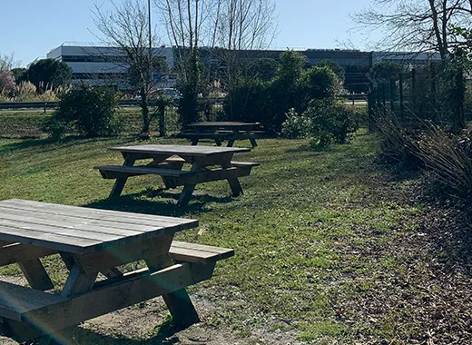 Parc arboré aménagé avec parking et un bâtiment